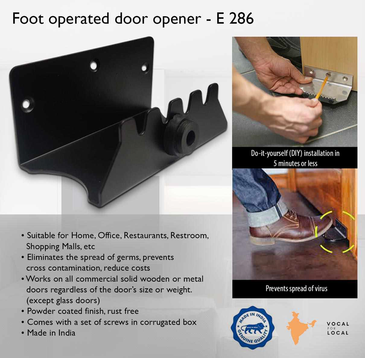 Foot Operated door opener used home office restaurant showroom malls etc.
